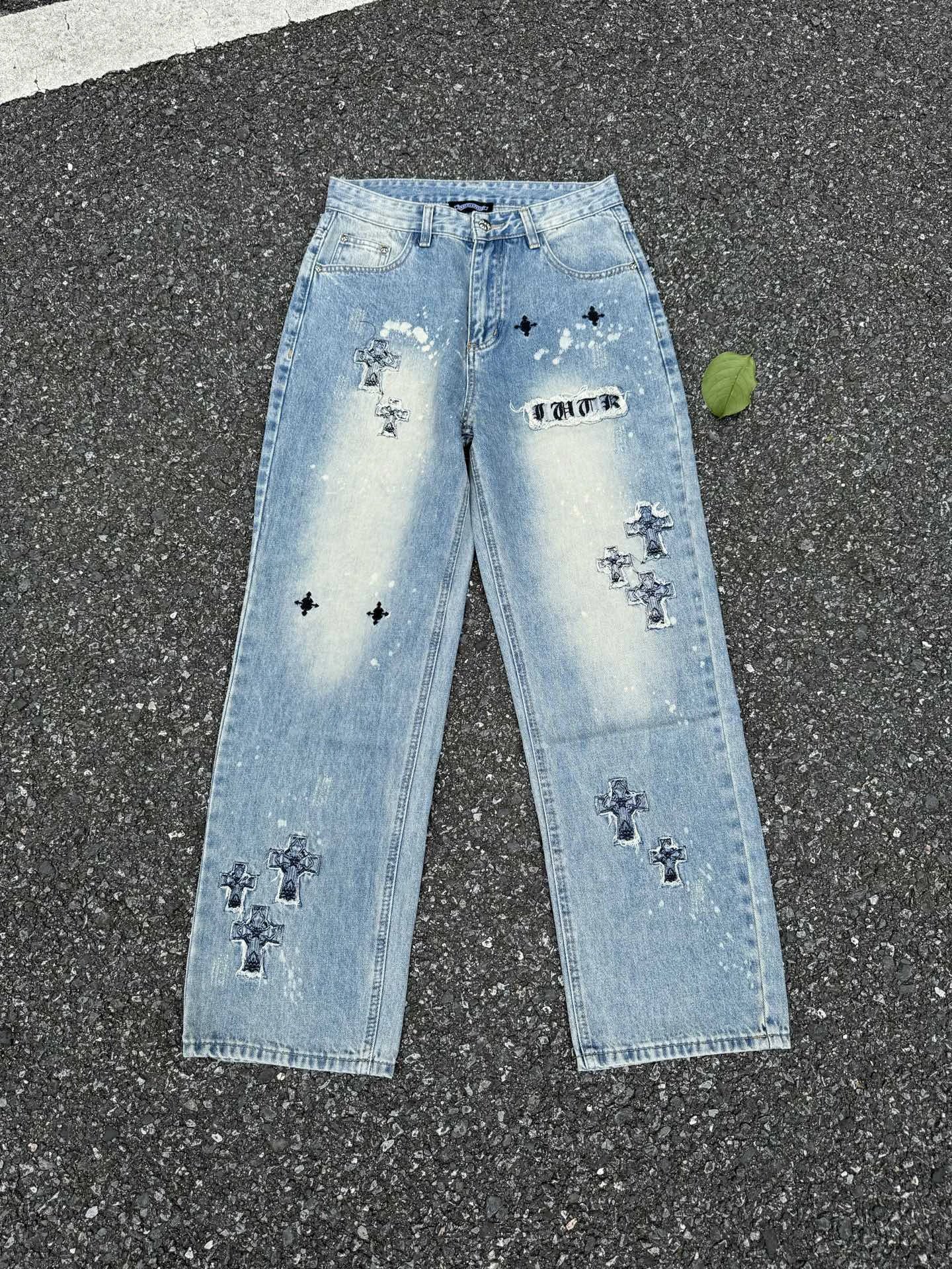 Chrome Hearts Cross Detail Jeans with dark cross motifs in Light Blue