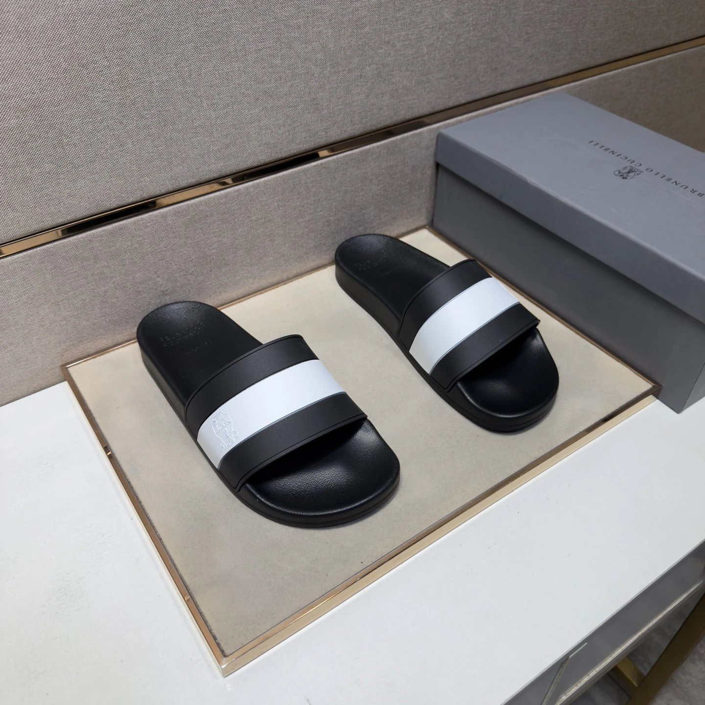 Brunello Cucinelli Minimalist Style Black and White Color-block Slide Sandals