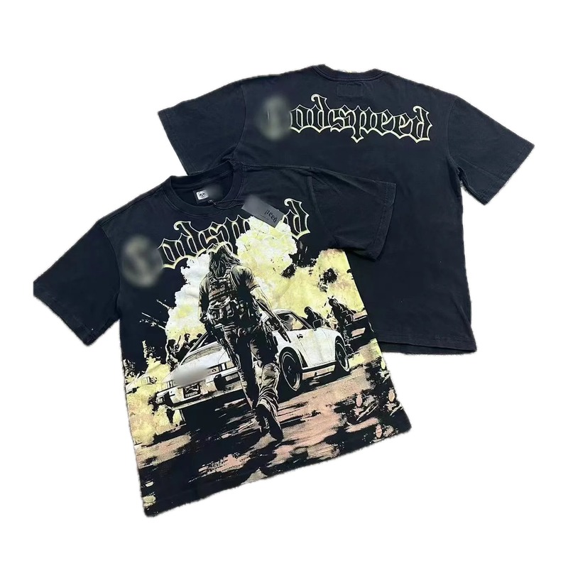 Godspeed Gunfight Print Vintage-Style Black T-Shirt
