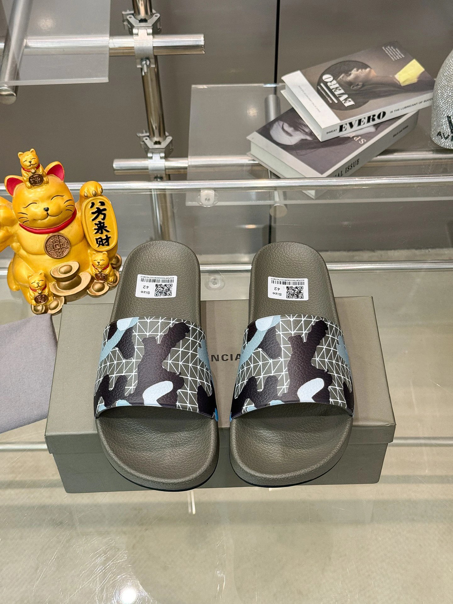 Balenciaga Camouflage Geometric Style Military Gray Slide Slippers