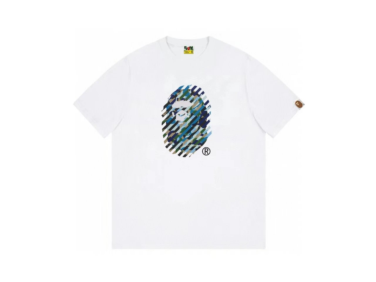 A Bape camouflage-style white T-shirt