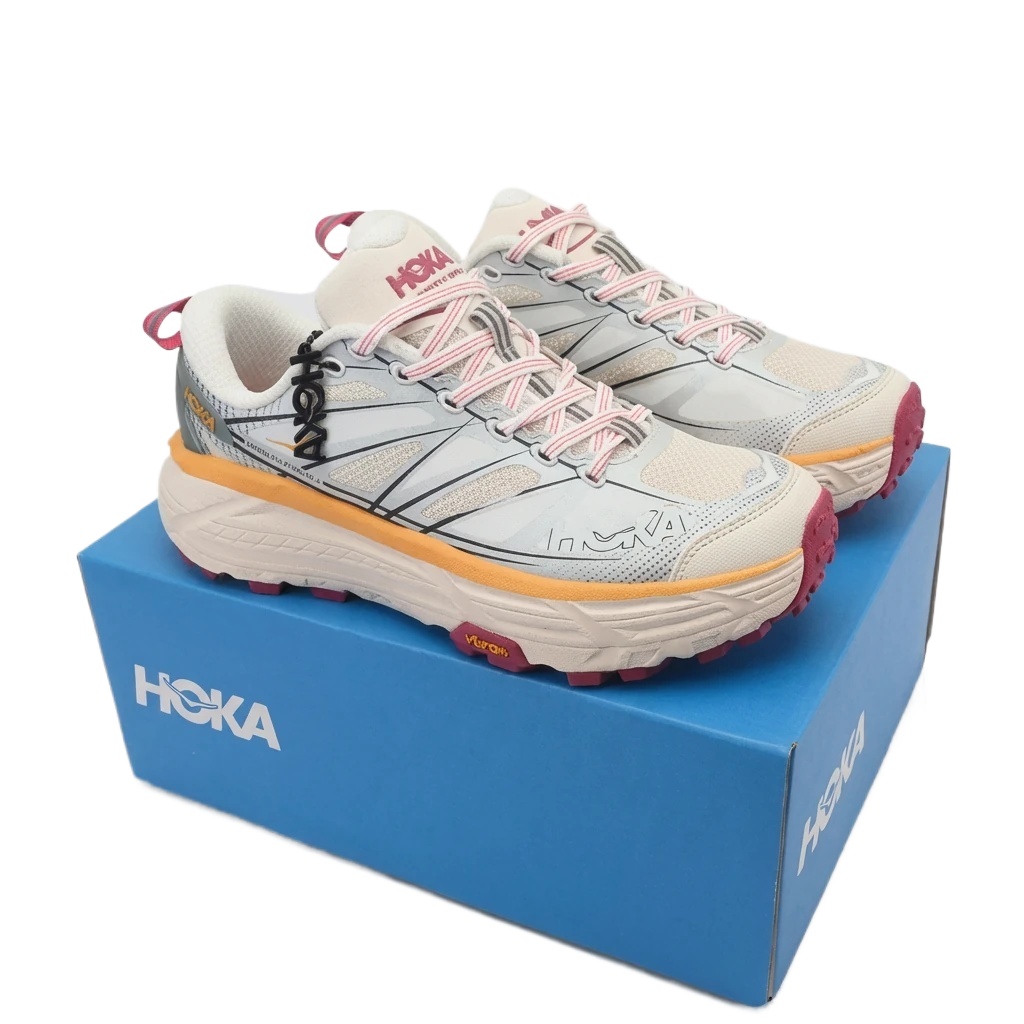 HOKA retro-style grey-pink sports shoes