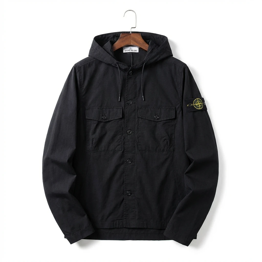 Stone Island Workwear Style Black Hooded Coat