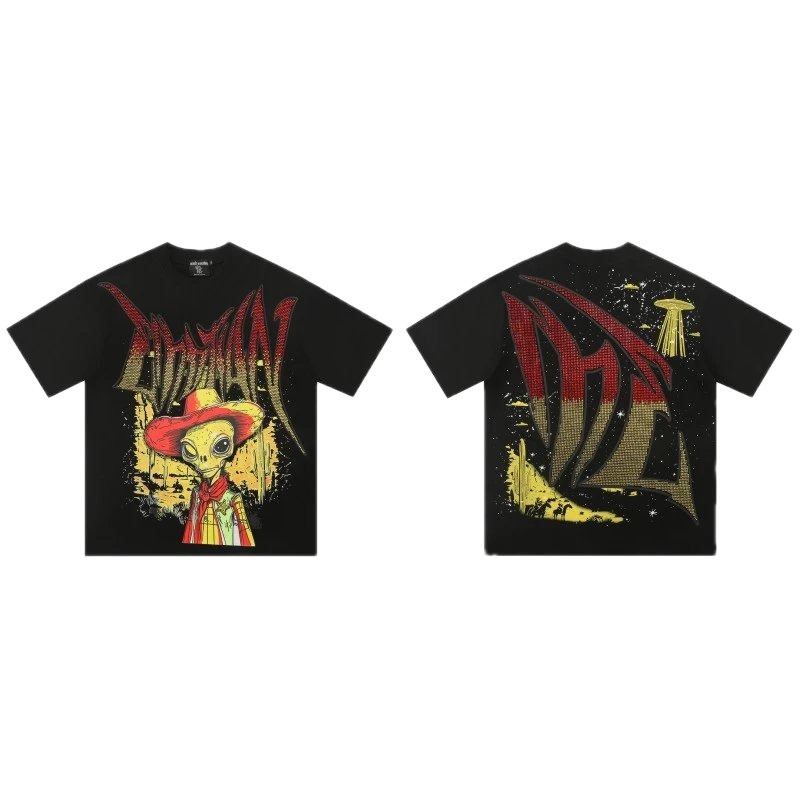 Mixed Emotion Alien Cowboy Street Style Black T-Shirt