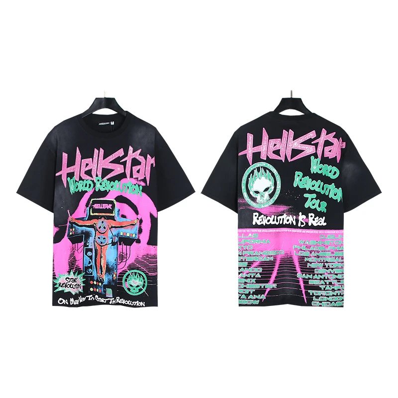 Hellstar World Revolution Tour Street Style Black & Pink Short Sleeve T-Shirt