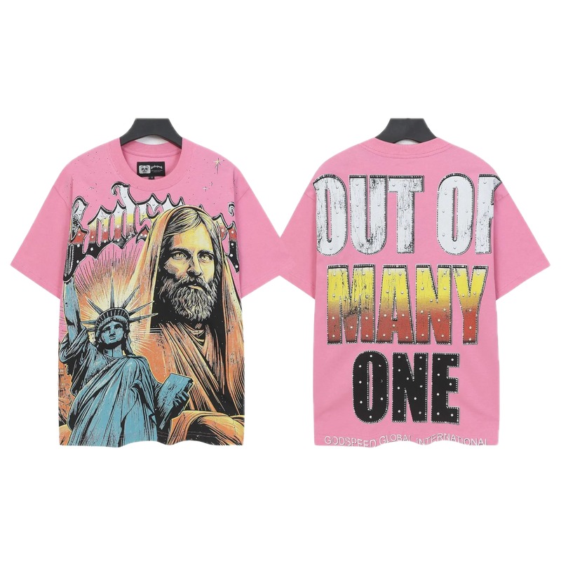 Godspeed American Print Retro Style Pink Short Sleeve T-Shirt