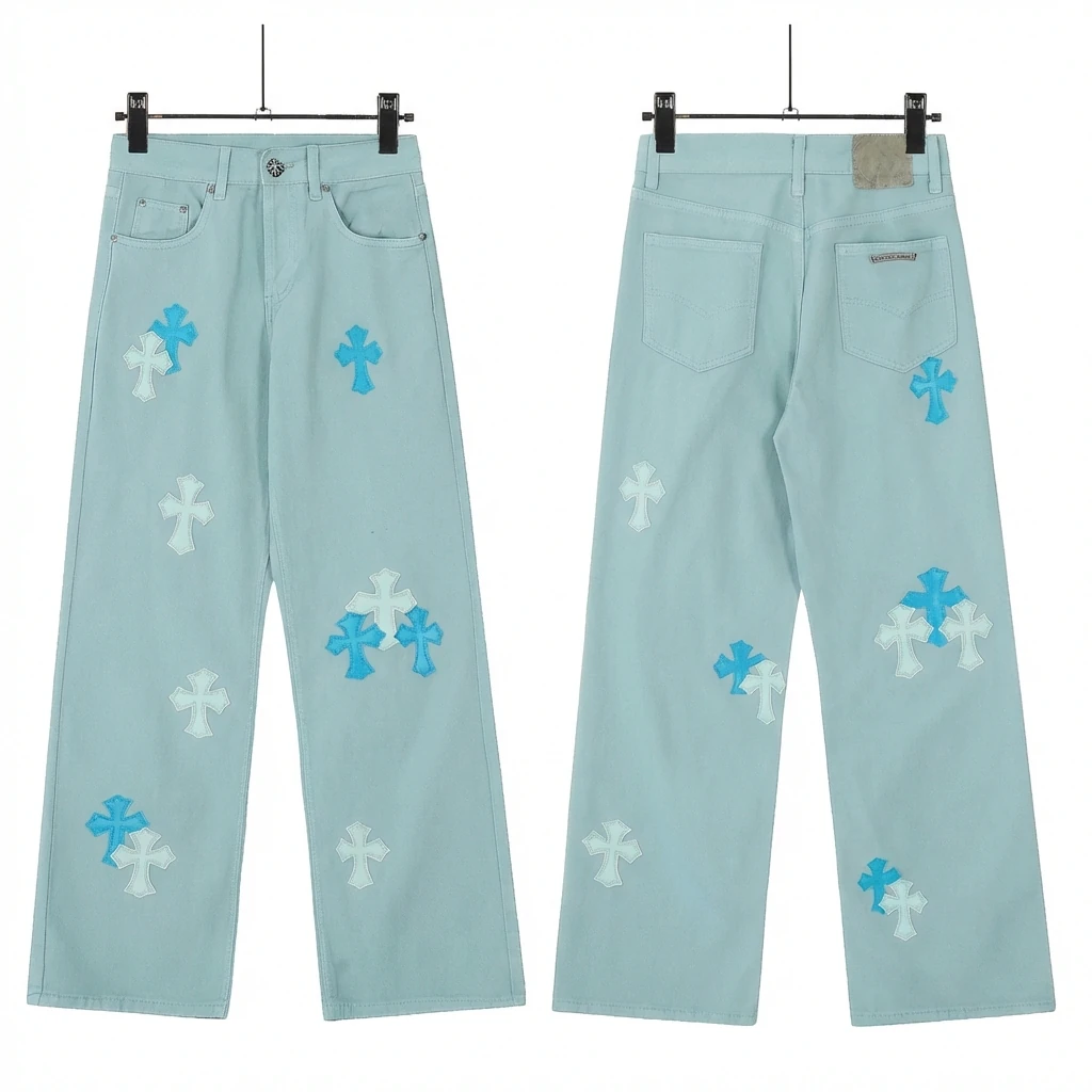 Chrome Hearts Cross Trend Brand Light Blue Jeans