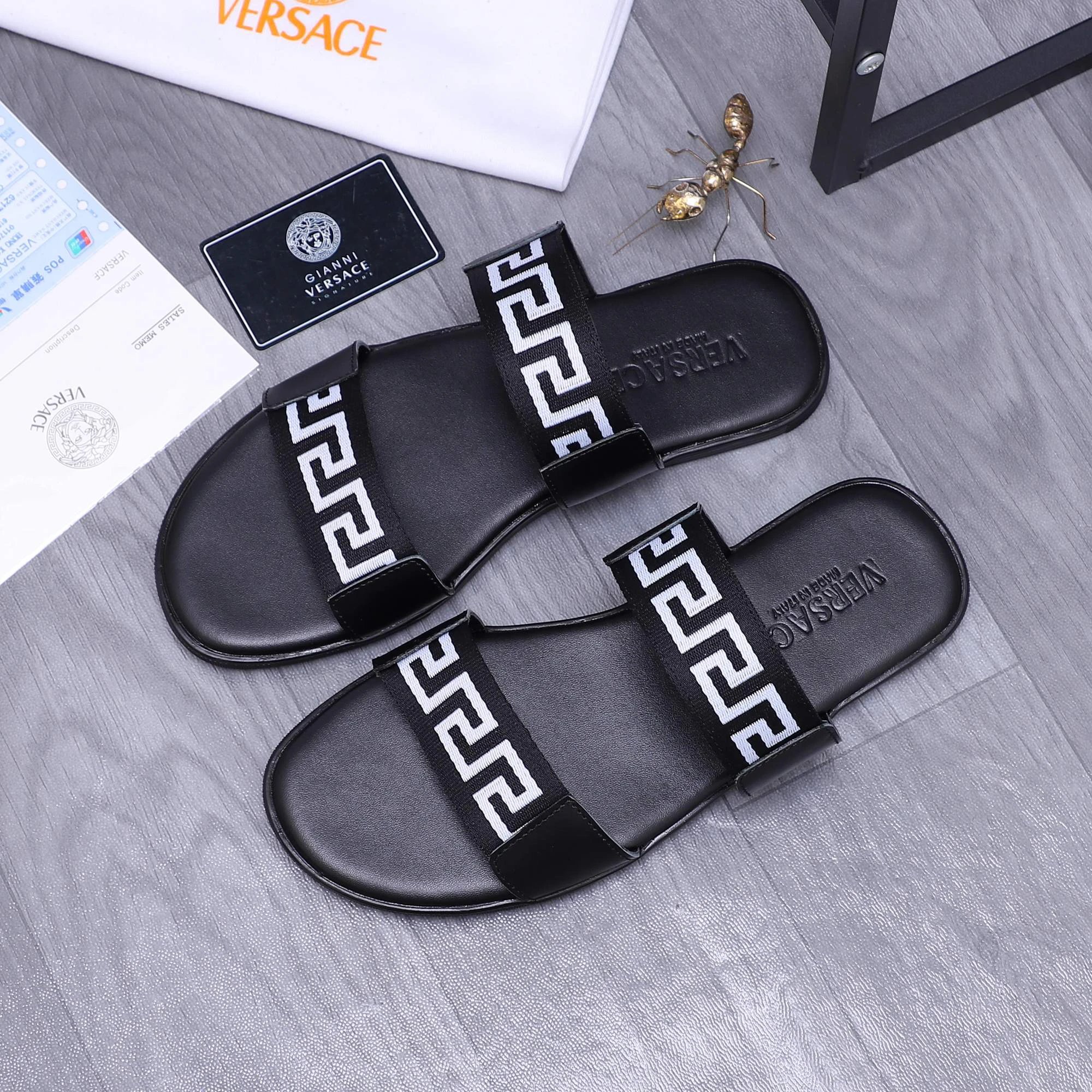 Versace Greek Key Light Luxury Style Black Slides