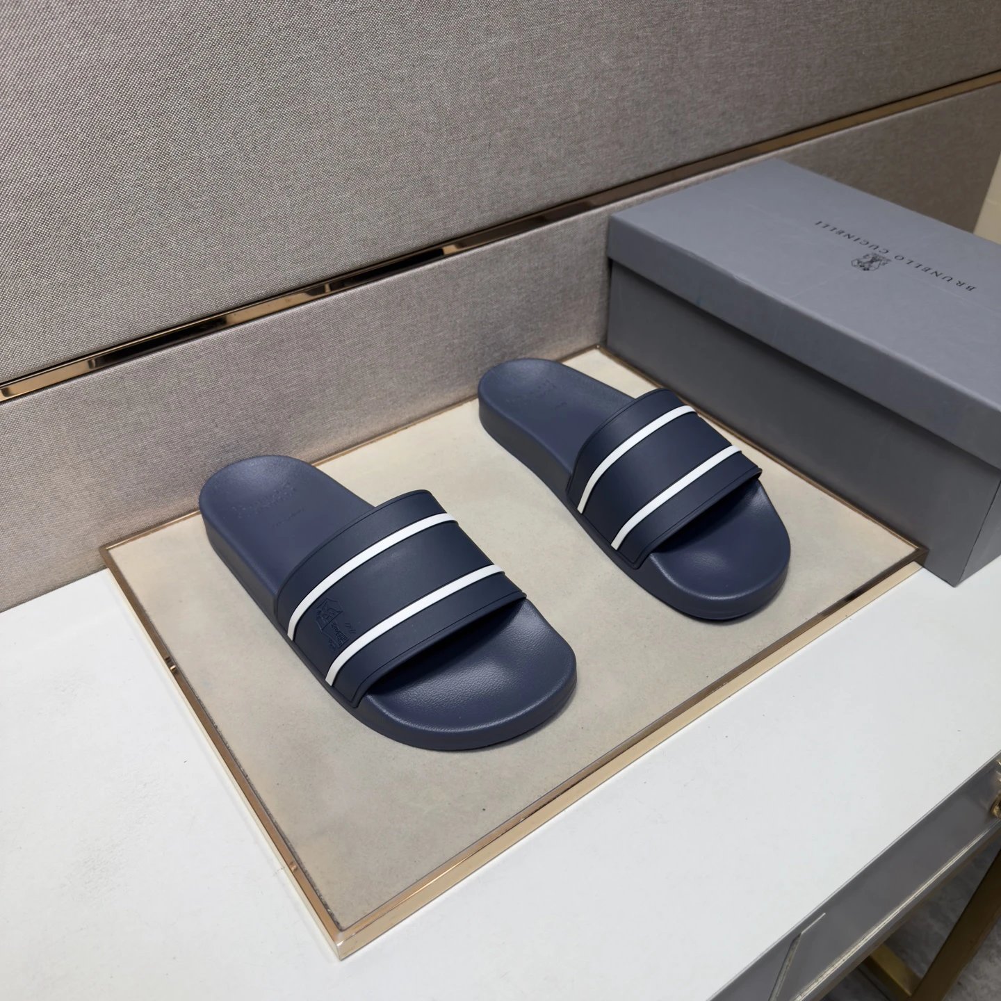 Brunello Cucinelli Casual Striped Navy Blue Slides
