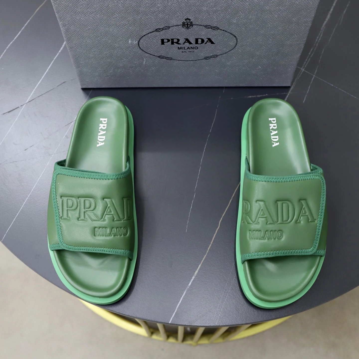 Prada Embossed Light Luxury Style Green Slide Sandals