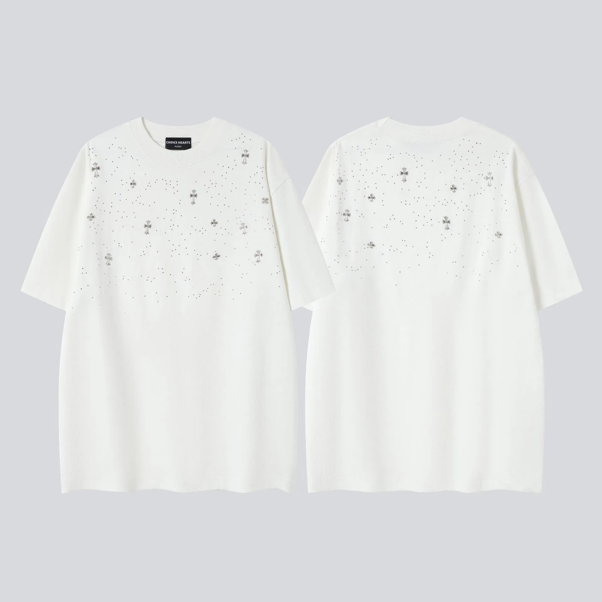 Chrome Hearts Cross Hot-Fix Rhinestone Street Style White T-Shirt