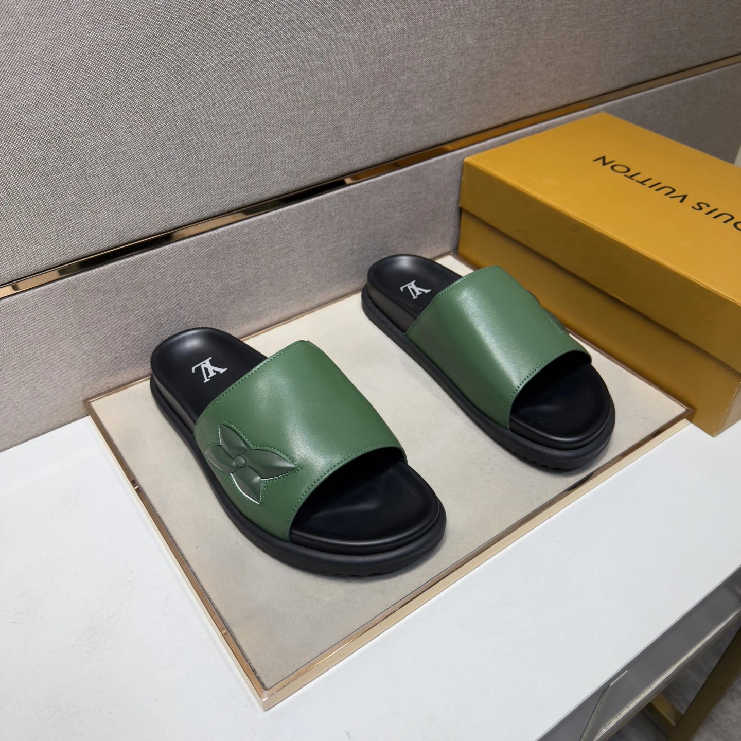 Louis Vuitton Monogram Light Luxury Style Army Green Slides
