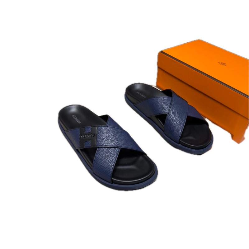 Hermès Interlaced H Logo Light Luxury Style Navy Blue Slides