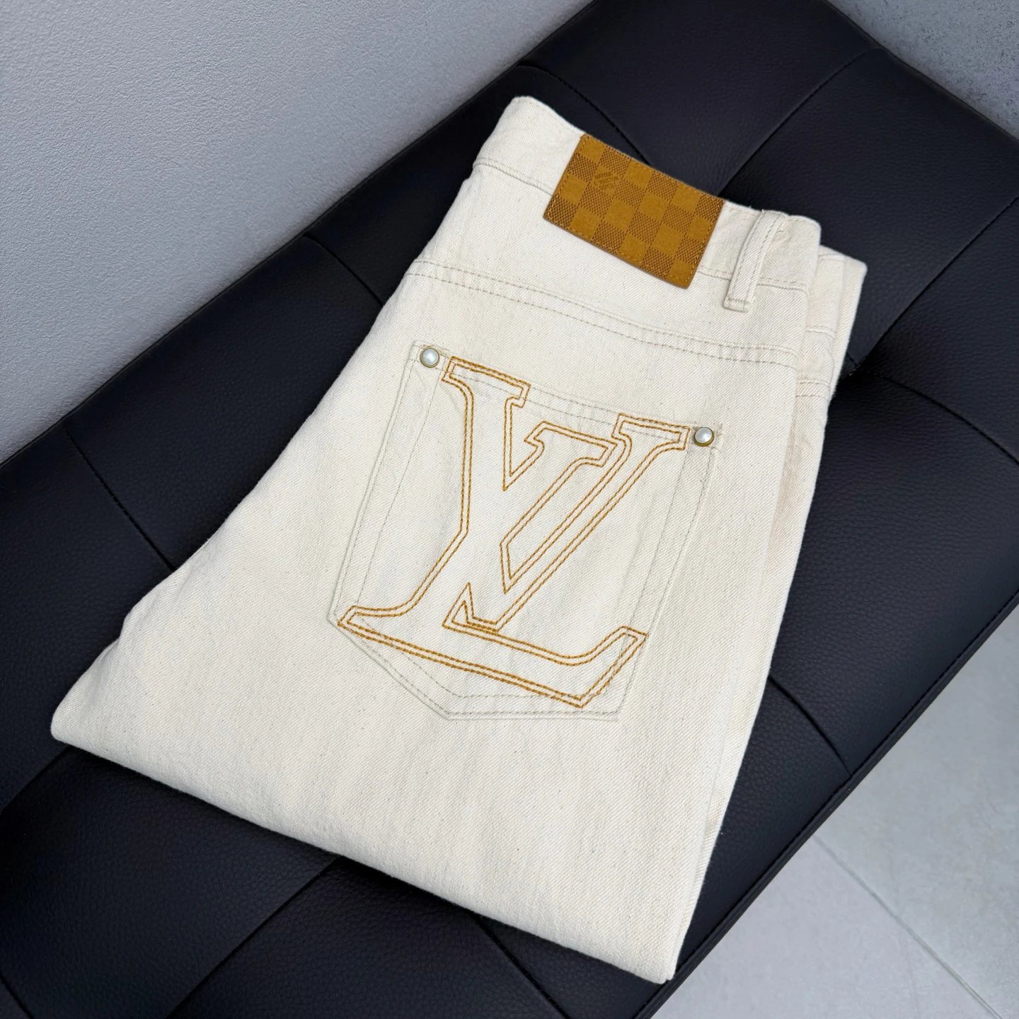 White Louis Vuitton Logo Pocket Jeans for travel