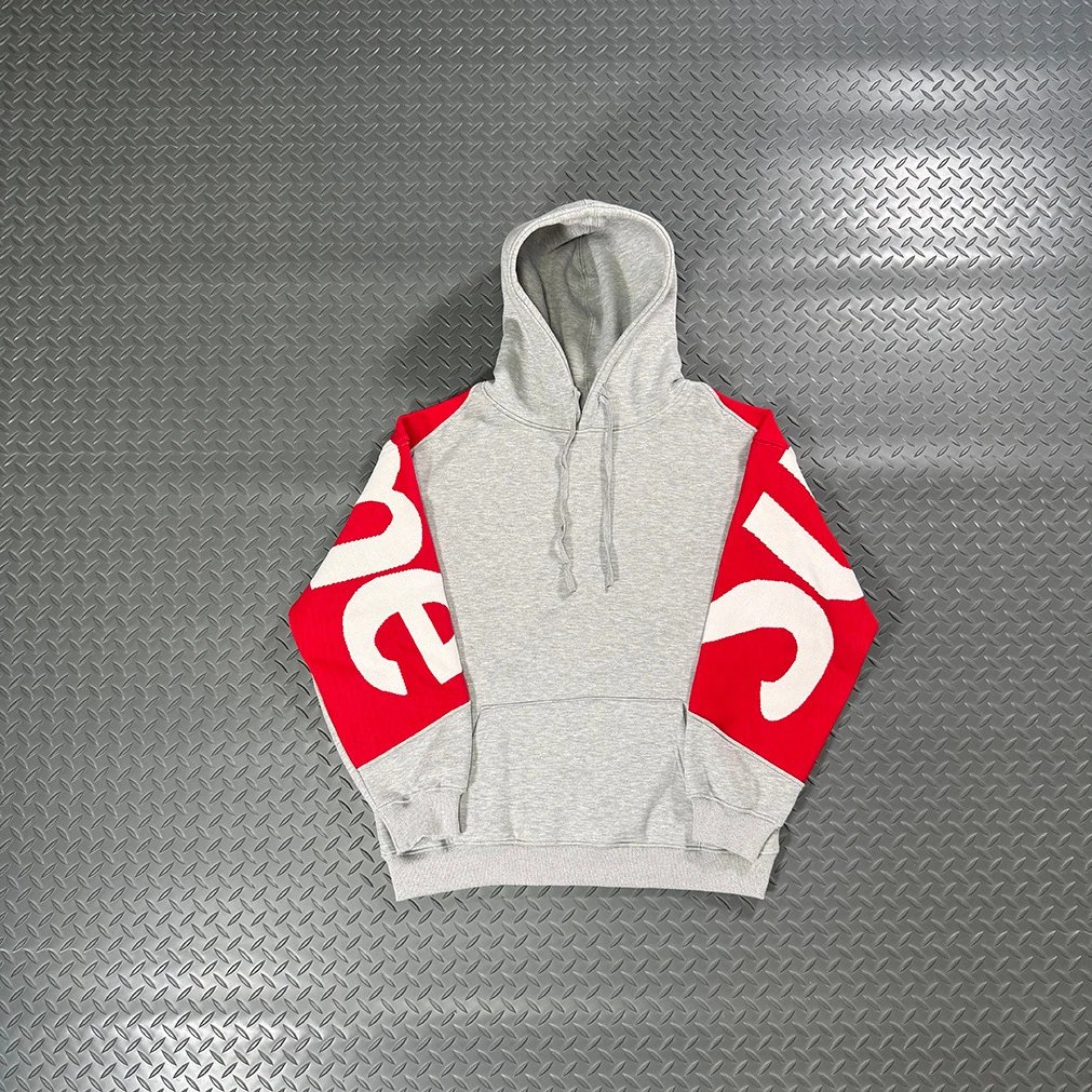Supreme Grey Hoodie with Red Sleeve Logo Panels