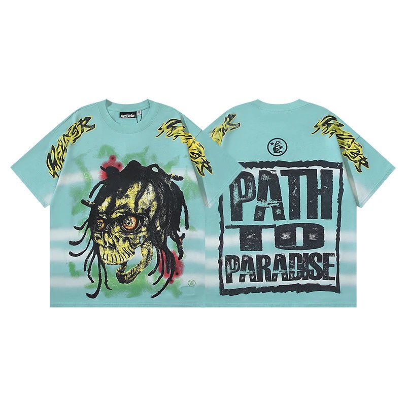 Hellstar Skull Print Street Style Light Blue T-shirt