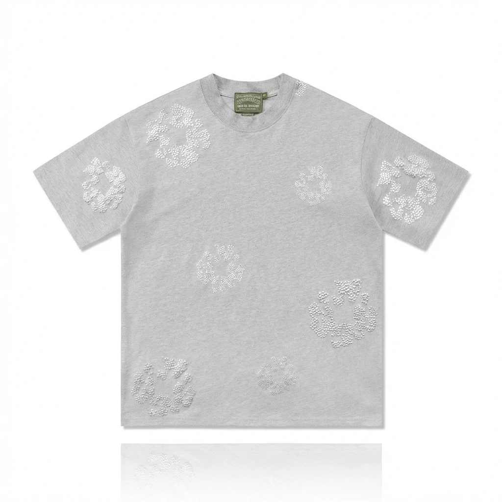 DENIM TEARS Retro - Style Light Gray T - Shirt