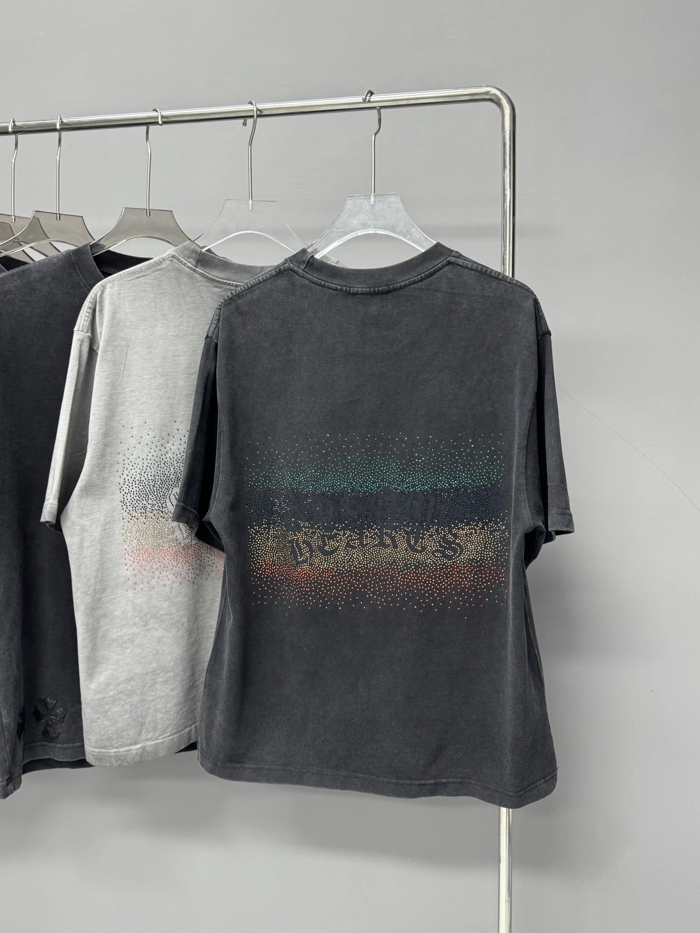 Chrome Hearts Gradient Hot-fix Rhinestone Vintage Distressed Charcoal Black T-Shirt
