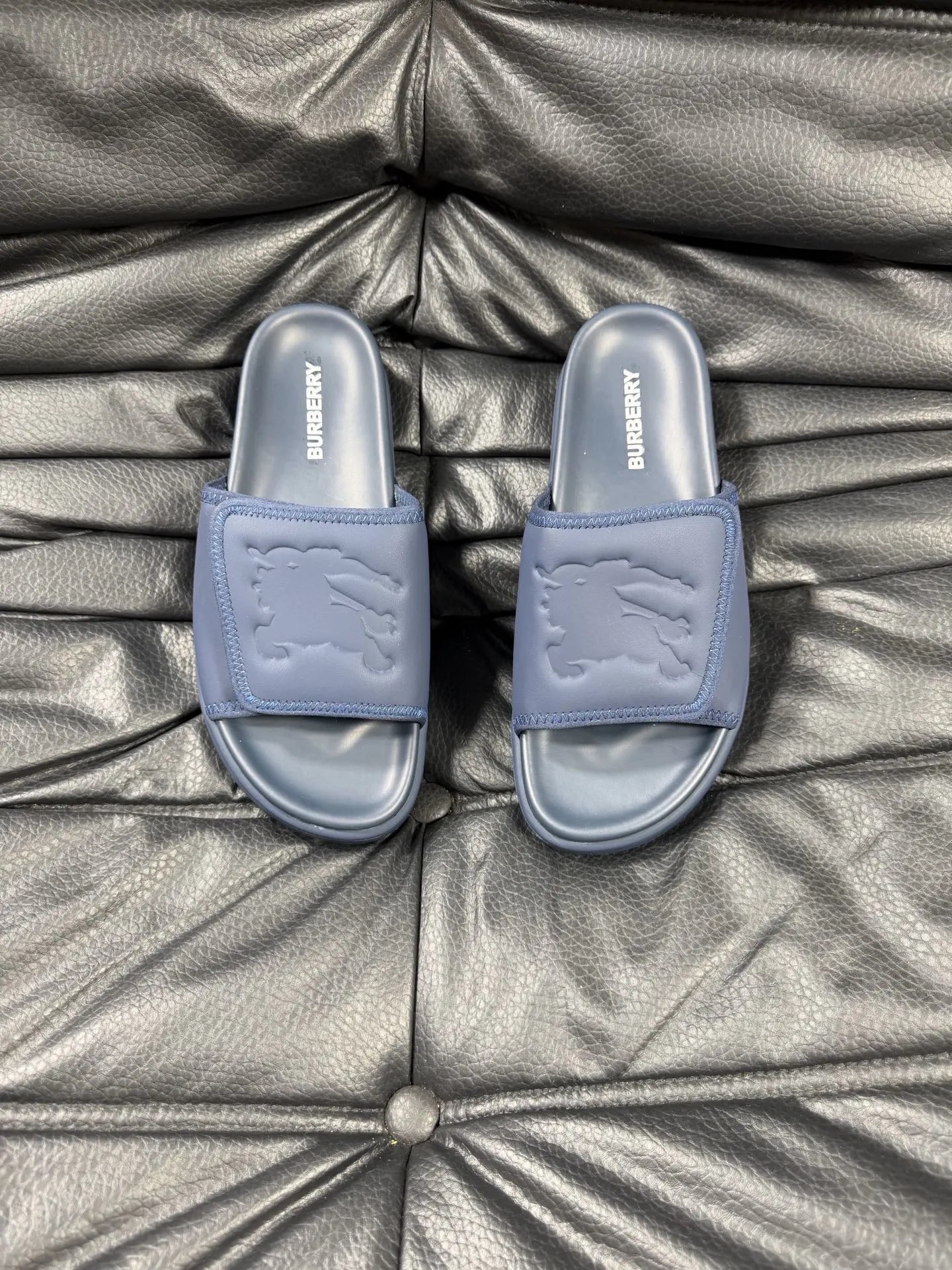 Burberry Embossed Knight Casual Style Navy Blue Slide Sandals