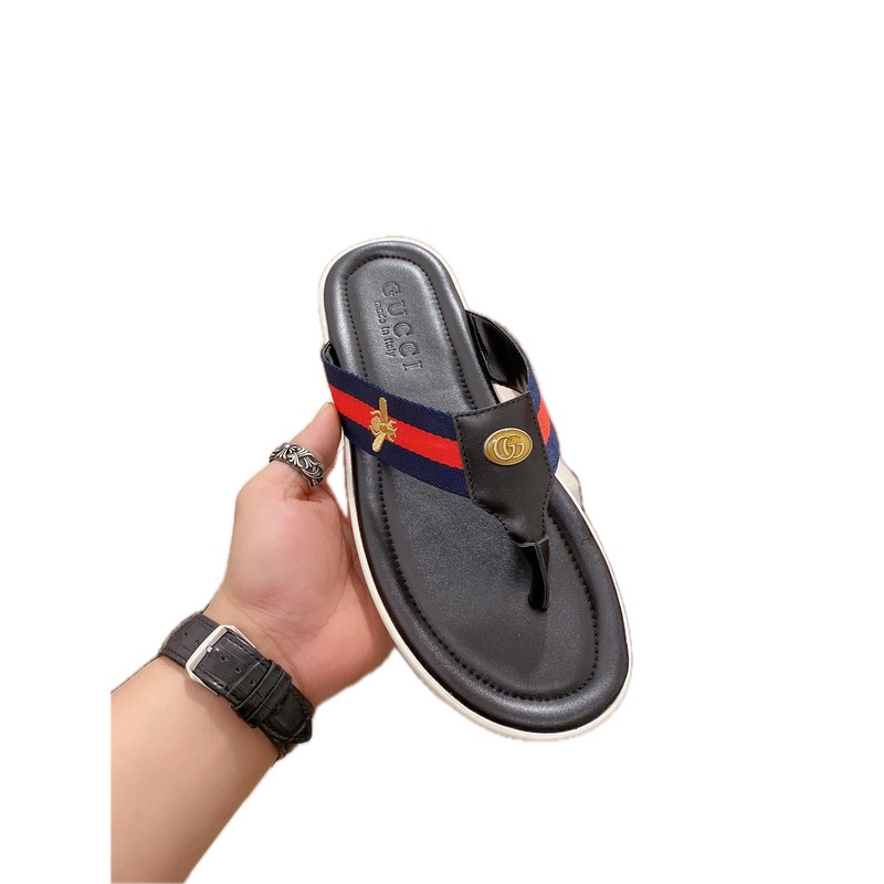 Gucci Bee Webbing Casual Style Black Flip-Flops