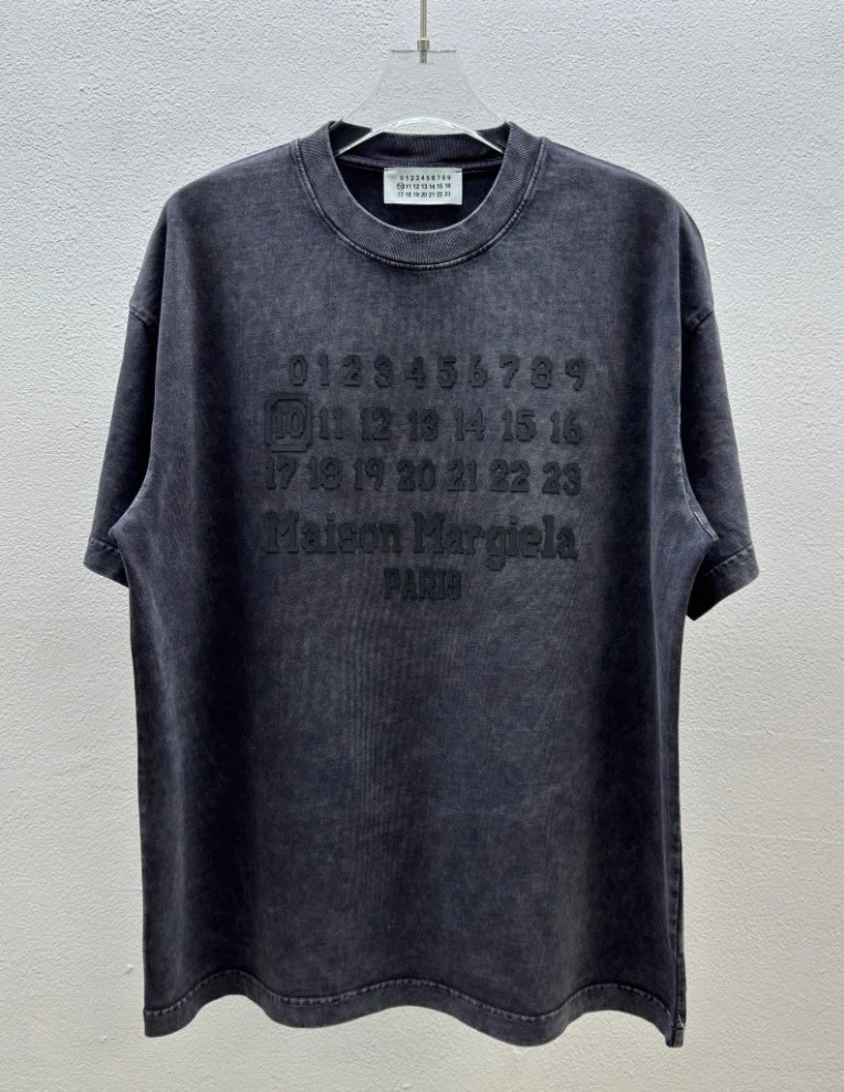 Maison Margiela Numbered Distressed Charcoal Gray Short Sleeve T-Shirt