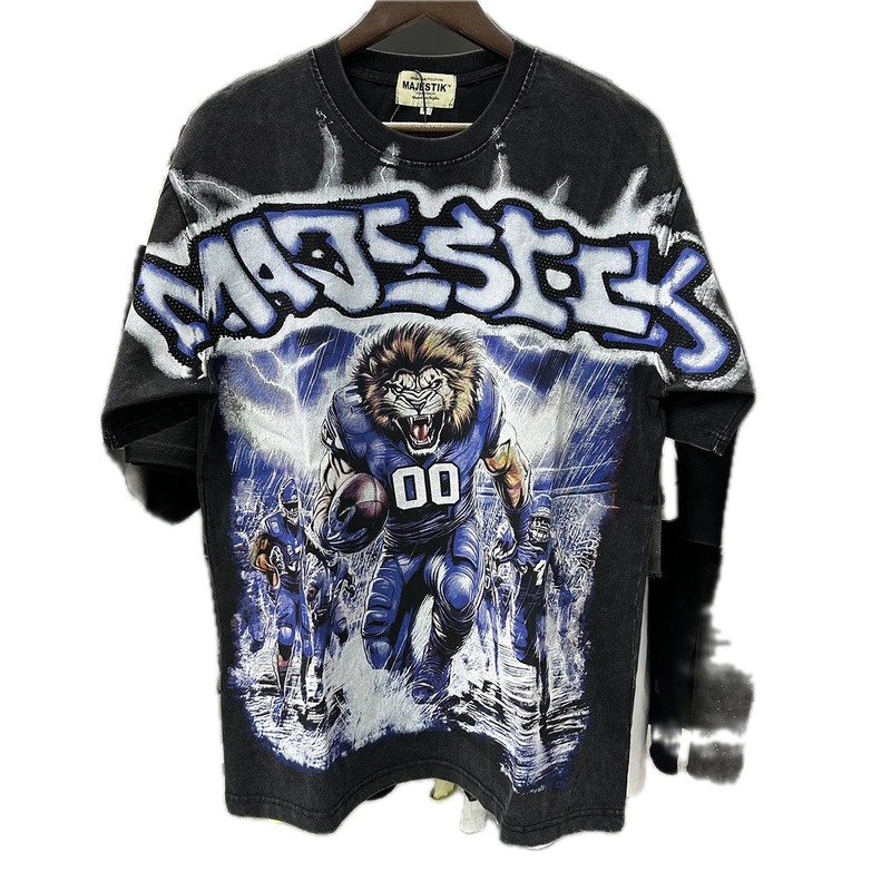 MAJESTIK American Retro Lion Printed Black Short-sleeve T-shirt