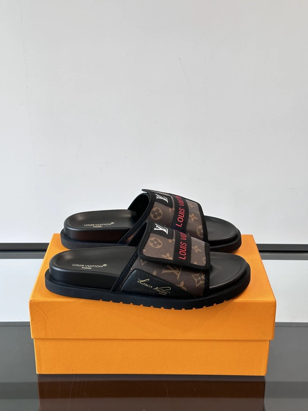 Louis Vuitton Classic Monogram Light Luxury Style Brown and Black Slide Sandals