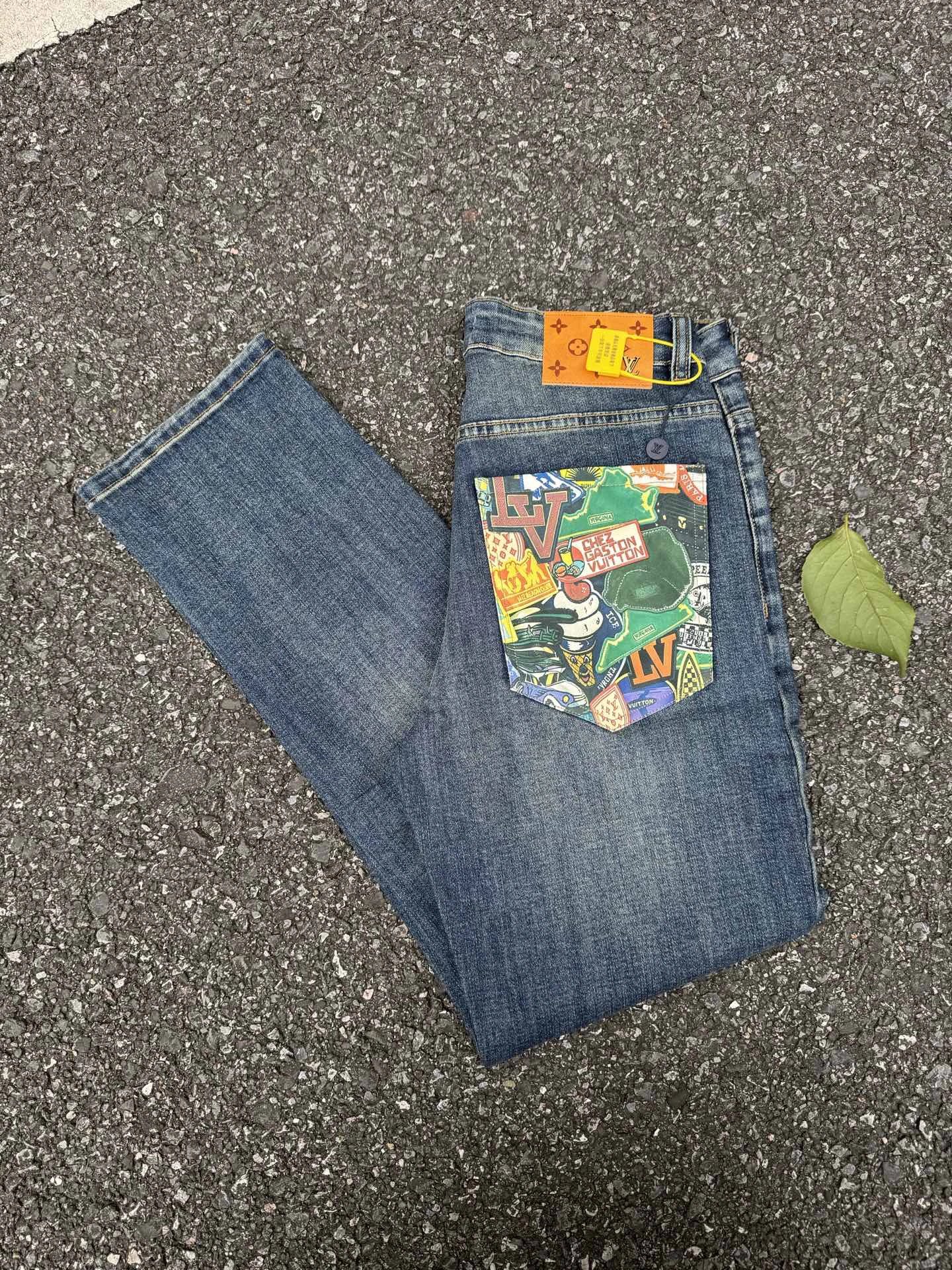 Washed Blue Louis Vuitton Collage Pocket Jeans - Streetwear Edit