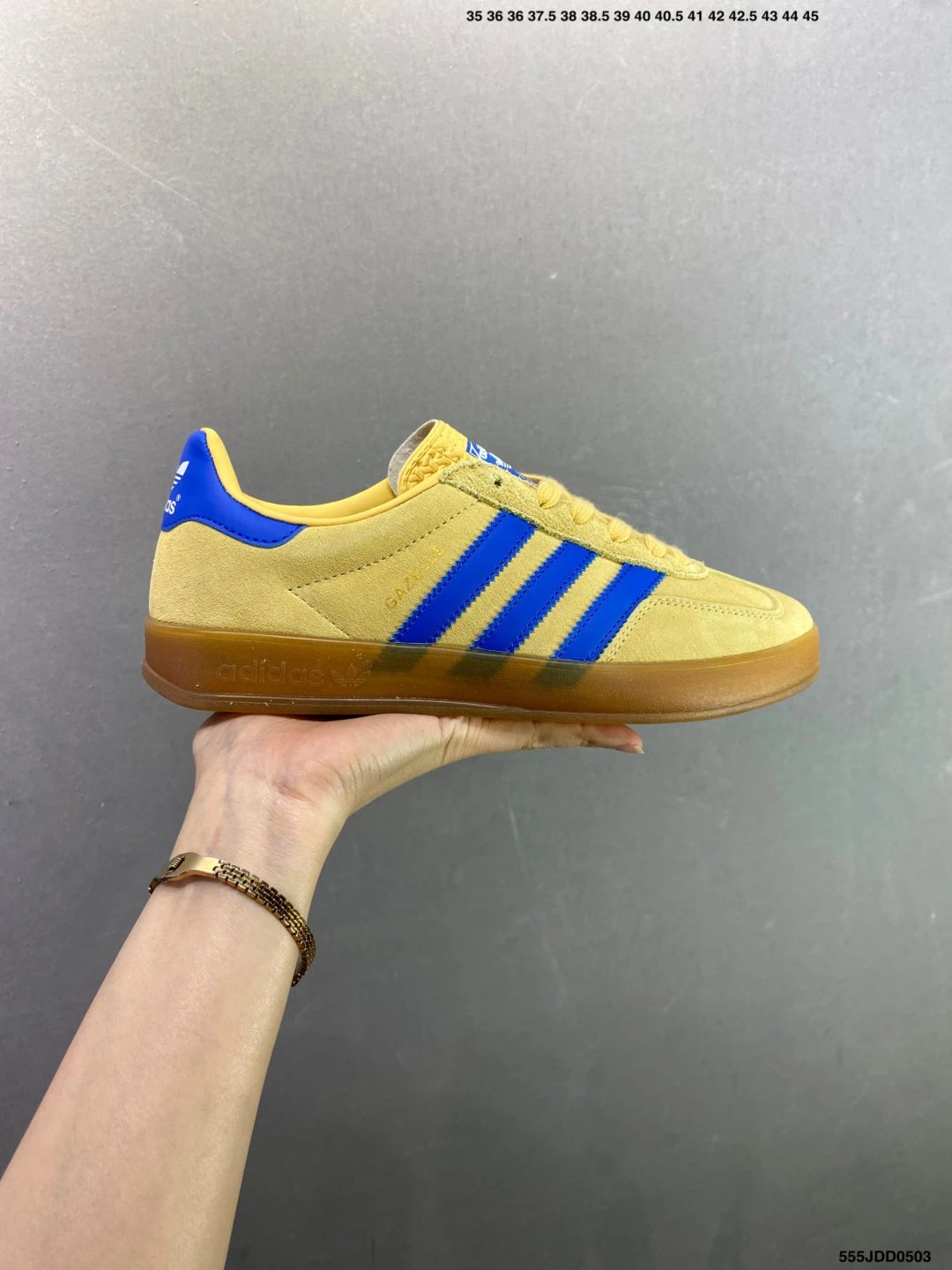 Adidas Yellow and Blue Low-Profile Sneakers Highlighting Narrow Toe Profile