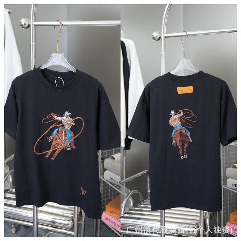 Louis Vuitton Vintage-style Black T-shirt with Denim Embroidery