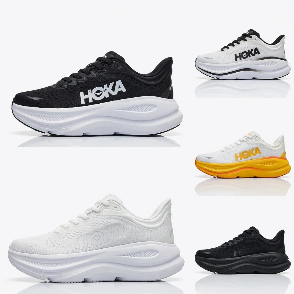 HOKA Bondi 9 black and white athletic shoes