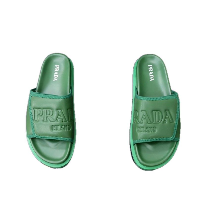 Prada Embossed Light Luxury Style Green Slide Sandals