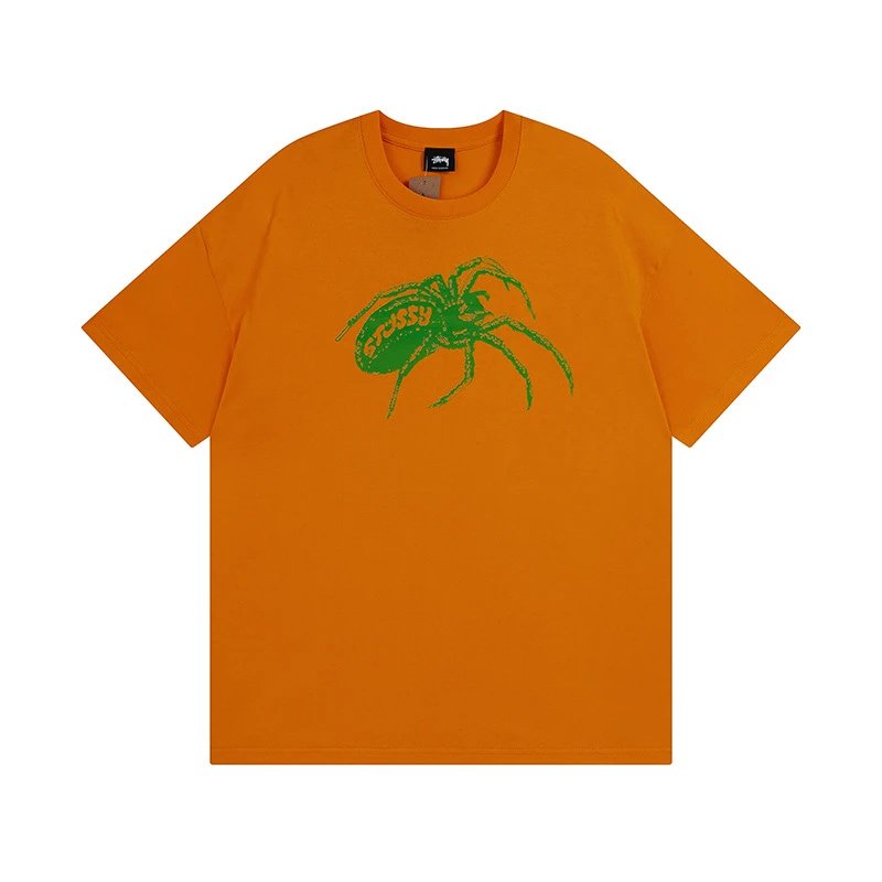 Stussy Orange Spider Graphic T-Shirt Streetwear Look Logo
