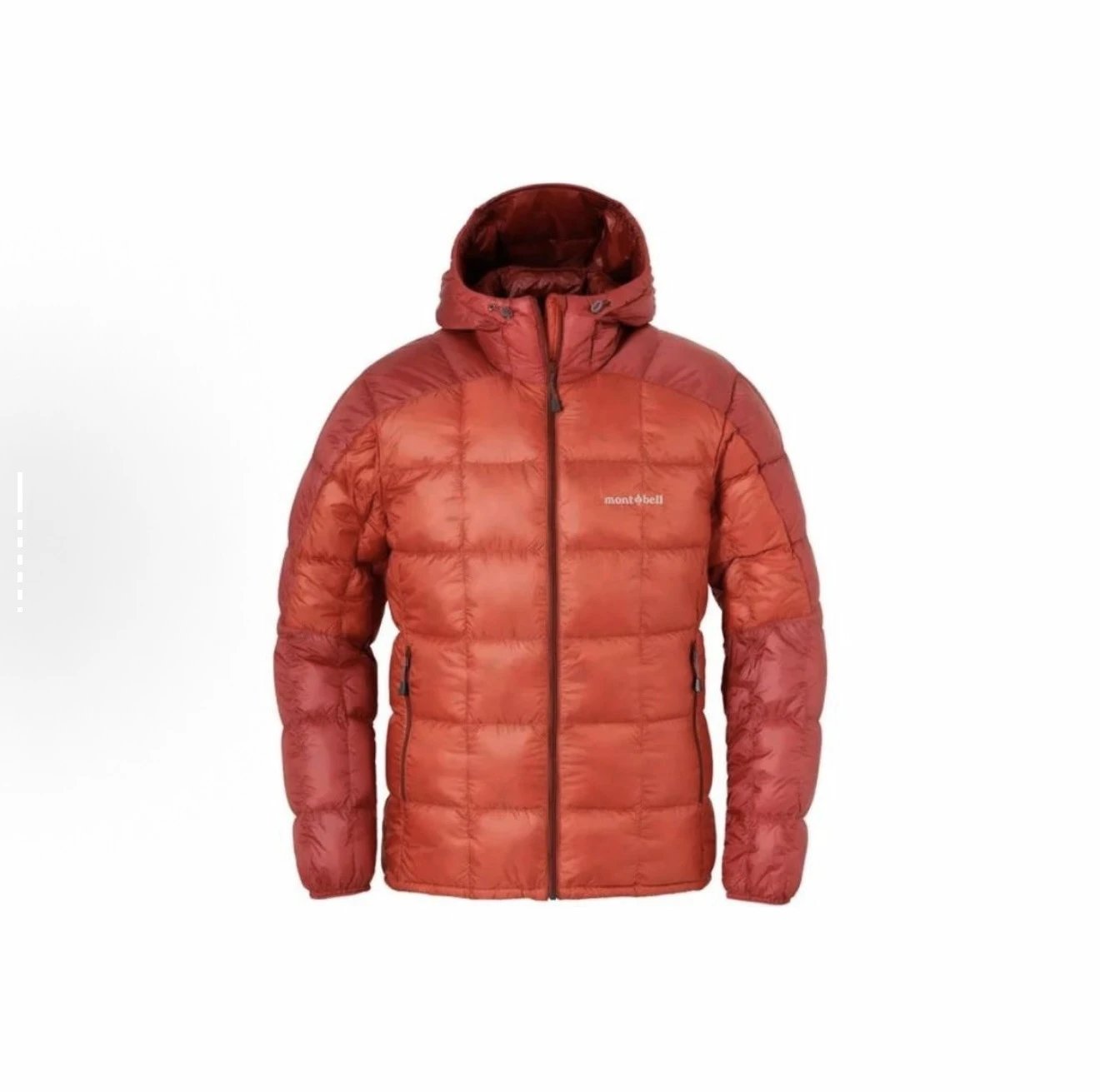 Montbell Rust Orange Hooded Down Jacket with a quilted puffer profile and fitted hood