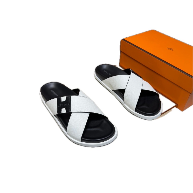 Hermès Crisscross Minimalist Style Black and White Slide Sandals