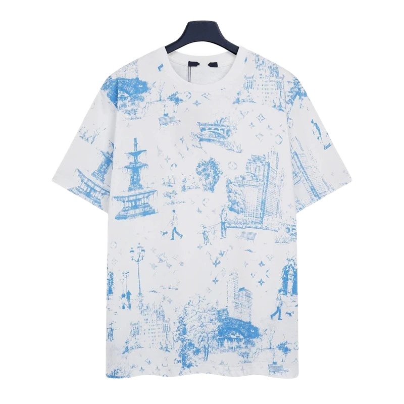 Louis Vuitton City Print Casual Style White and Blue T-Shirt