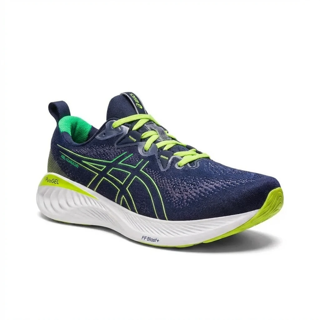 ASICS retro-style navy blue and fluorescent green running shoes