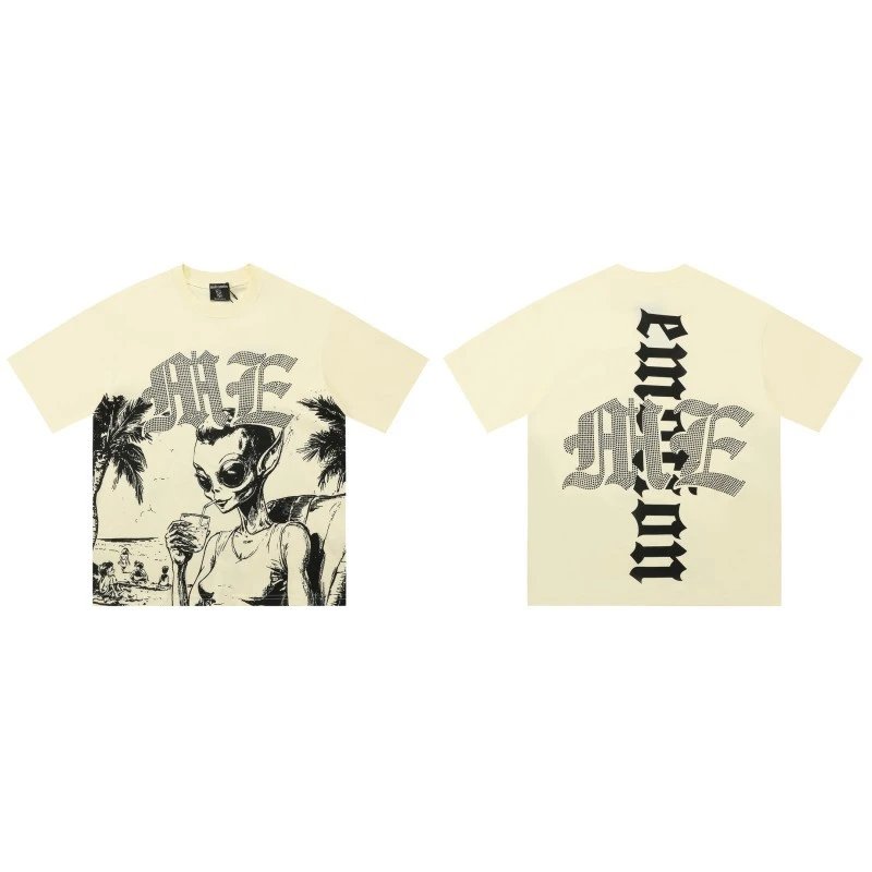 Mixed Emotion Alien Print Street Style Beige T-Shirt