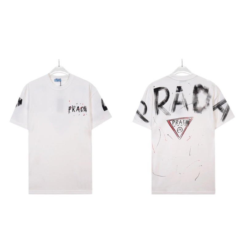 Prada Triangle Logo Graffiti Street Style White Short-sleeve T-shirt
