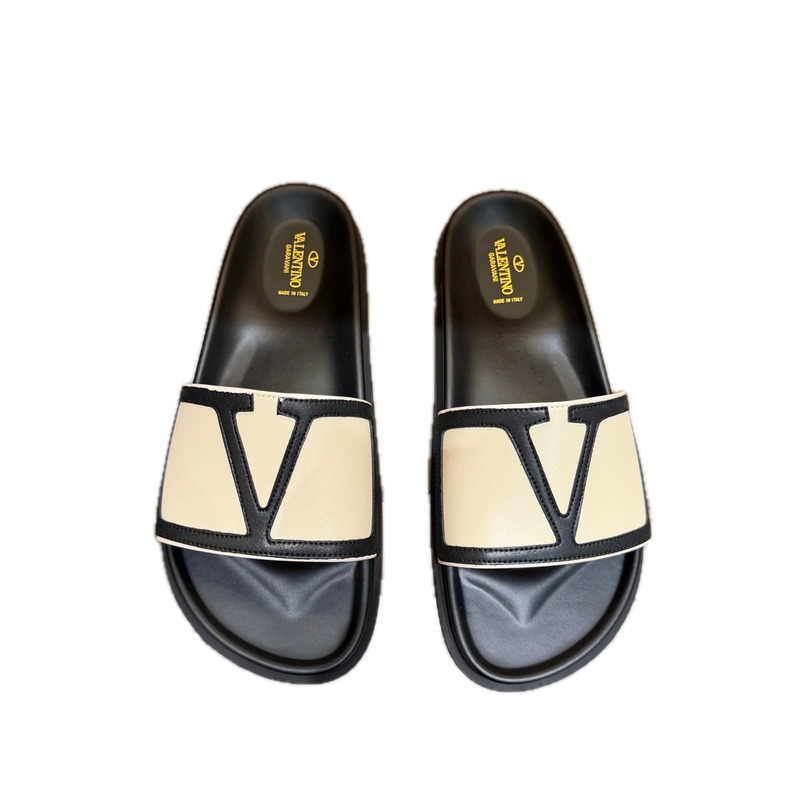 Valentino Big V Light Luxury Style Beige and Black Color-block Slide Sandals