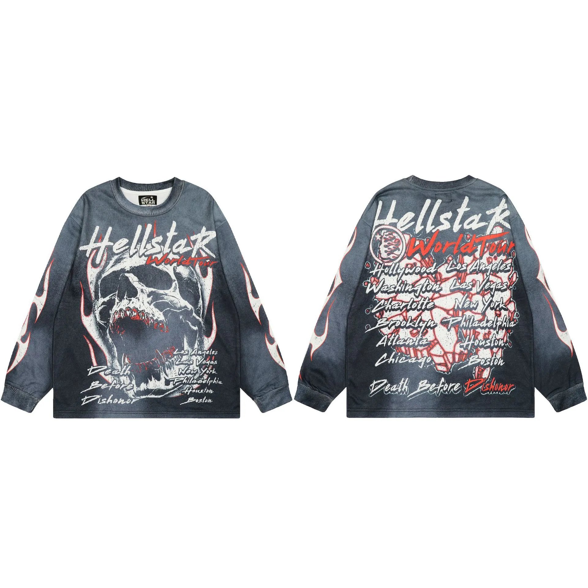 Hellstar Tour Skull Street Style Black & Gray Long Sleeve Shirt