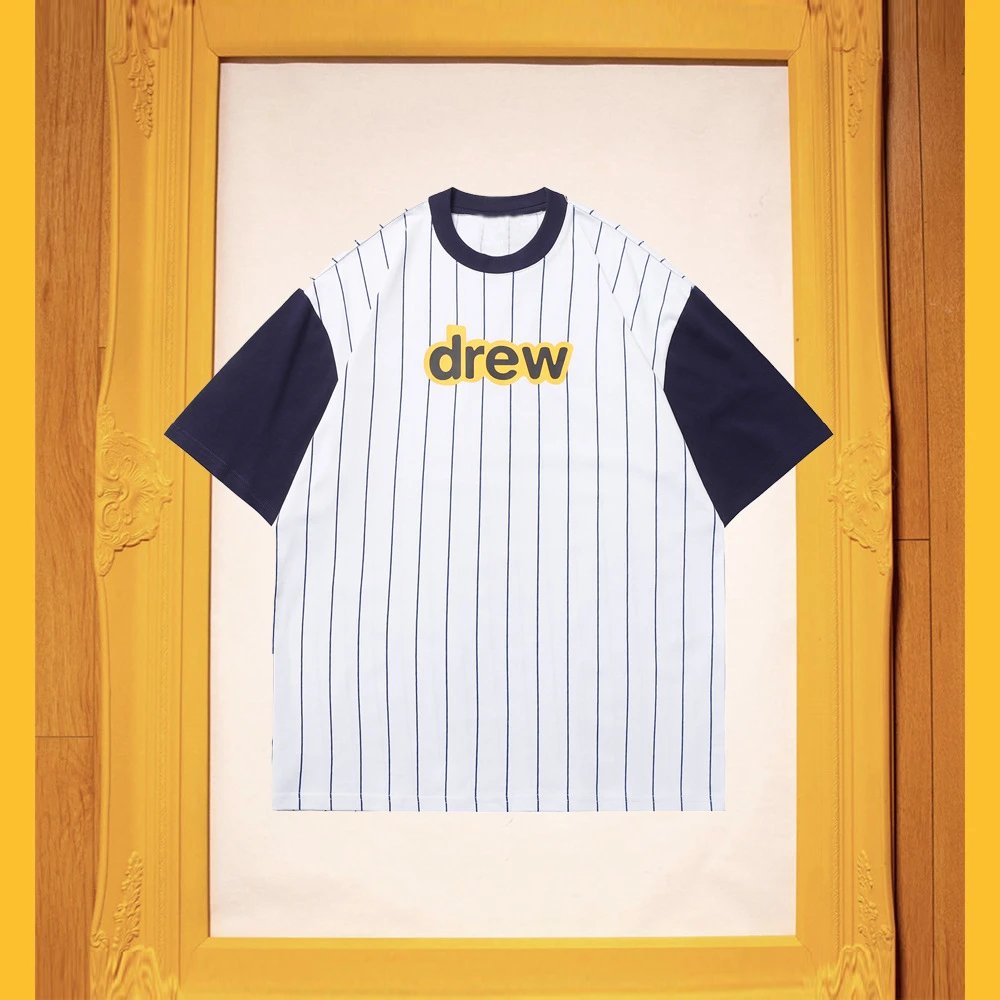 DREW Letter Print Street Style White and Navy Blue Short Sleeve T-Shirt