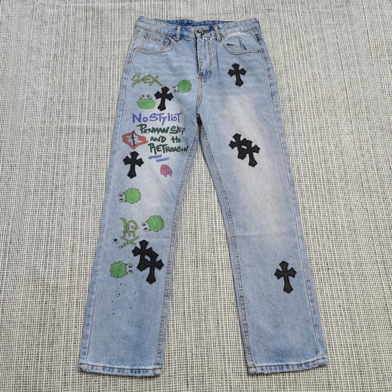 Chrome Hearts Logo Detail Cross patch jeans White Jeans Black with Relaxed Feel