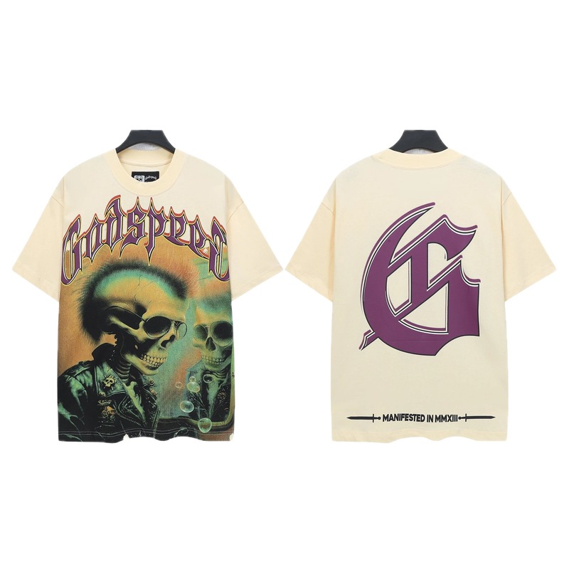 Godspeed Skull Print Gothic Style Beige Short Sleeve T-Shirt