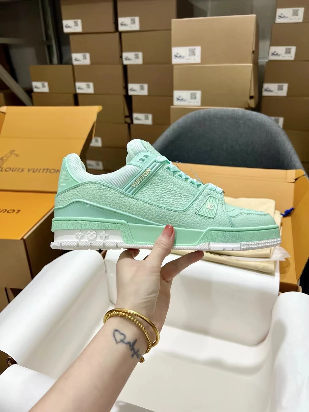 Louis Vuitton Mint Green Low-top Sneaker with Mint Green Low-top Above for Photo Ready Styling
