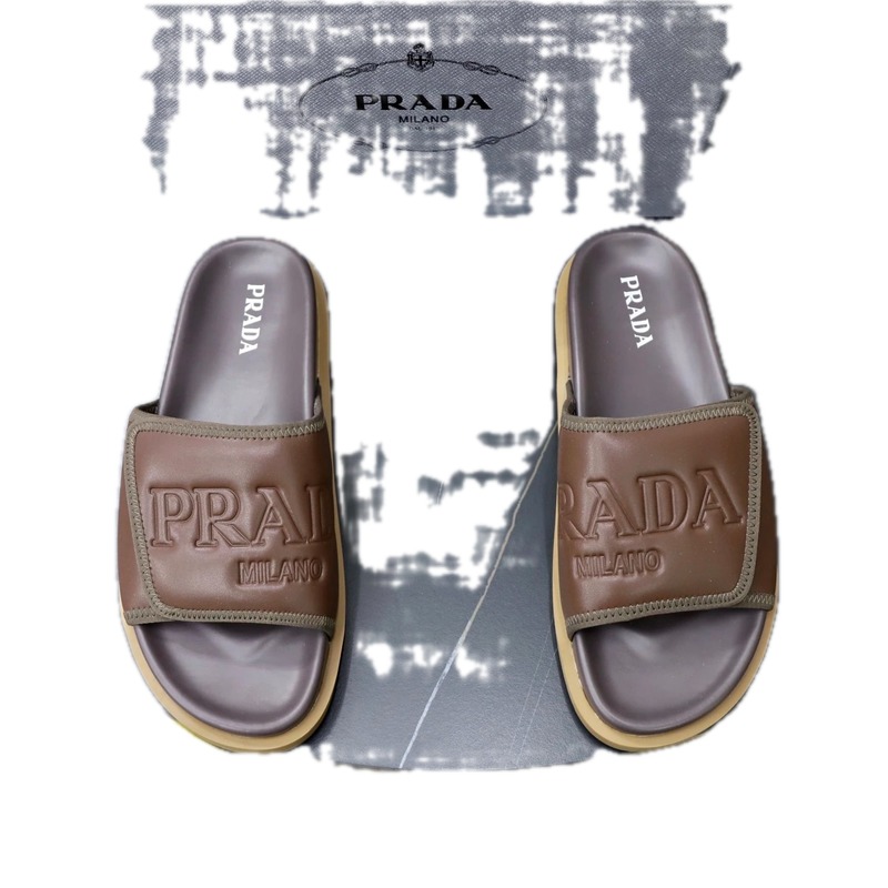 Prada Embossed Collection Casual Style Brown Slide Sandals