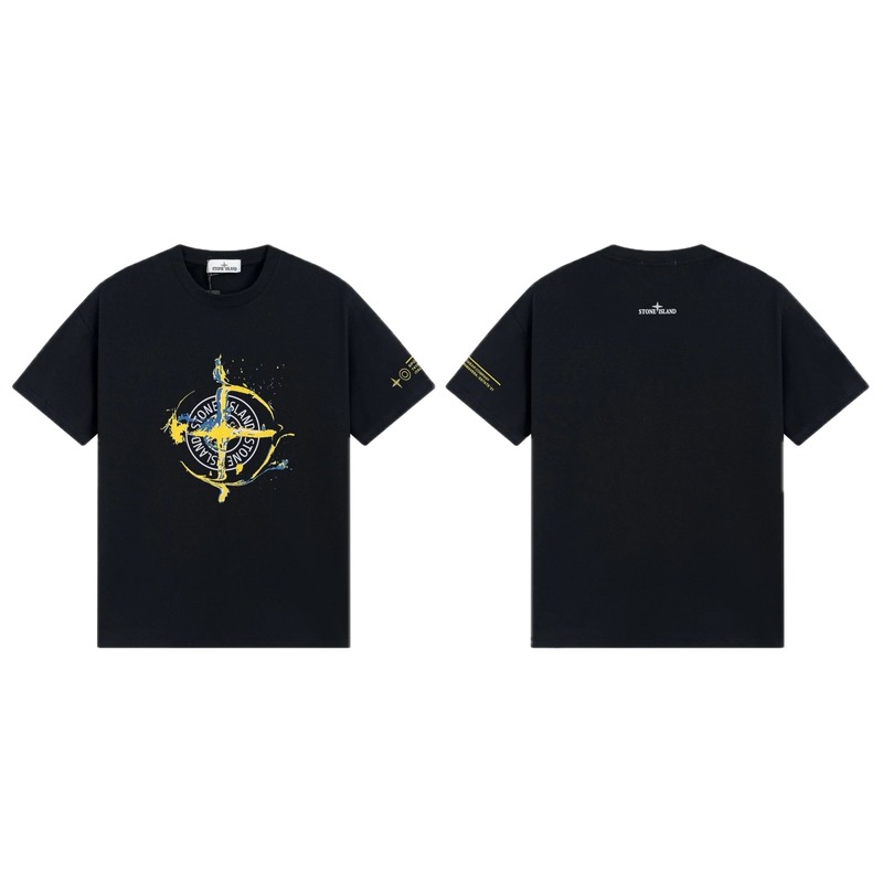 Stone Island Ink-splattered Street Style Black Short-sleeve T-shirt
