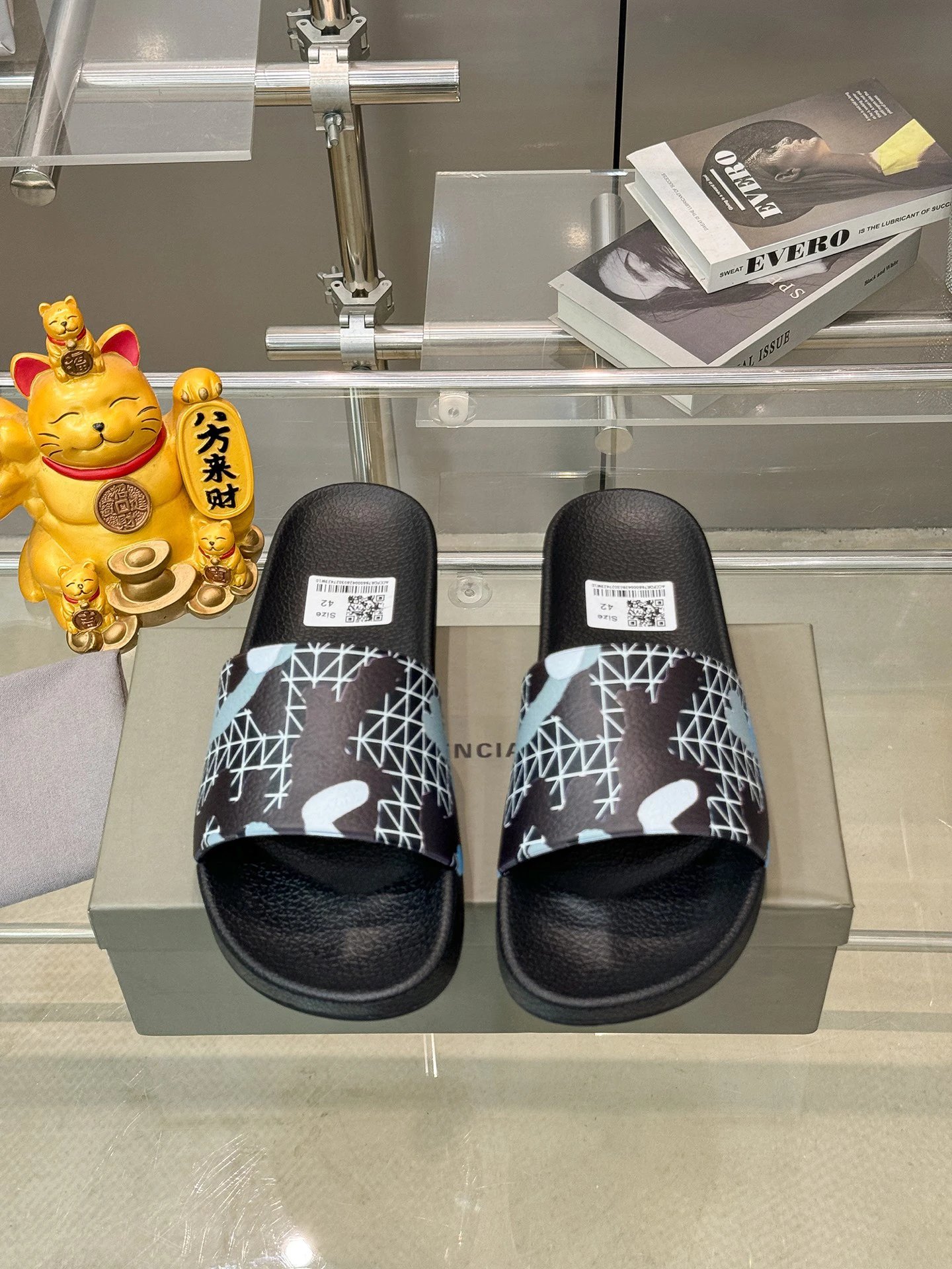 Balenciaga Plaid Camouflage Streetwear Black & Blue Slide Slippers