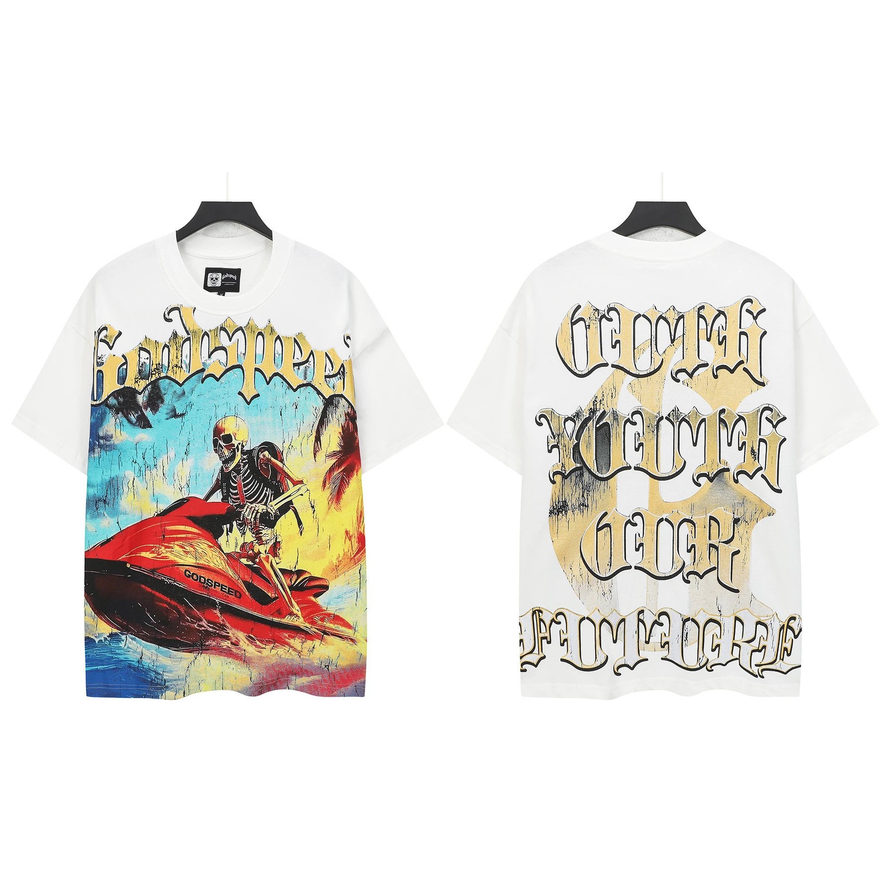 Godspeed Gothic Style Skull Print White T-Shirt