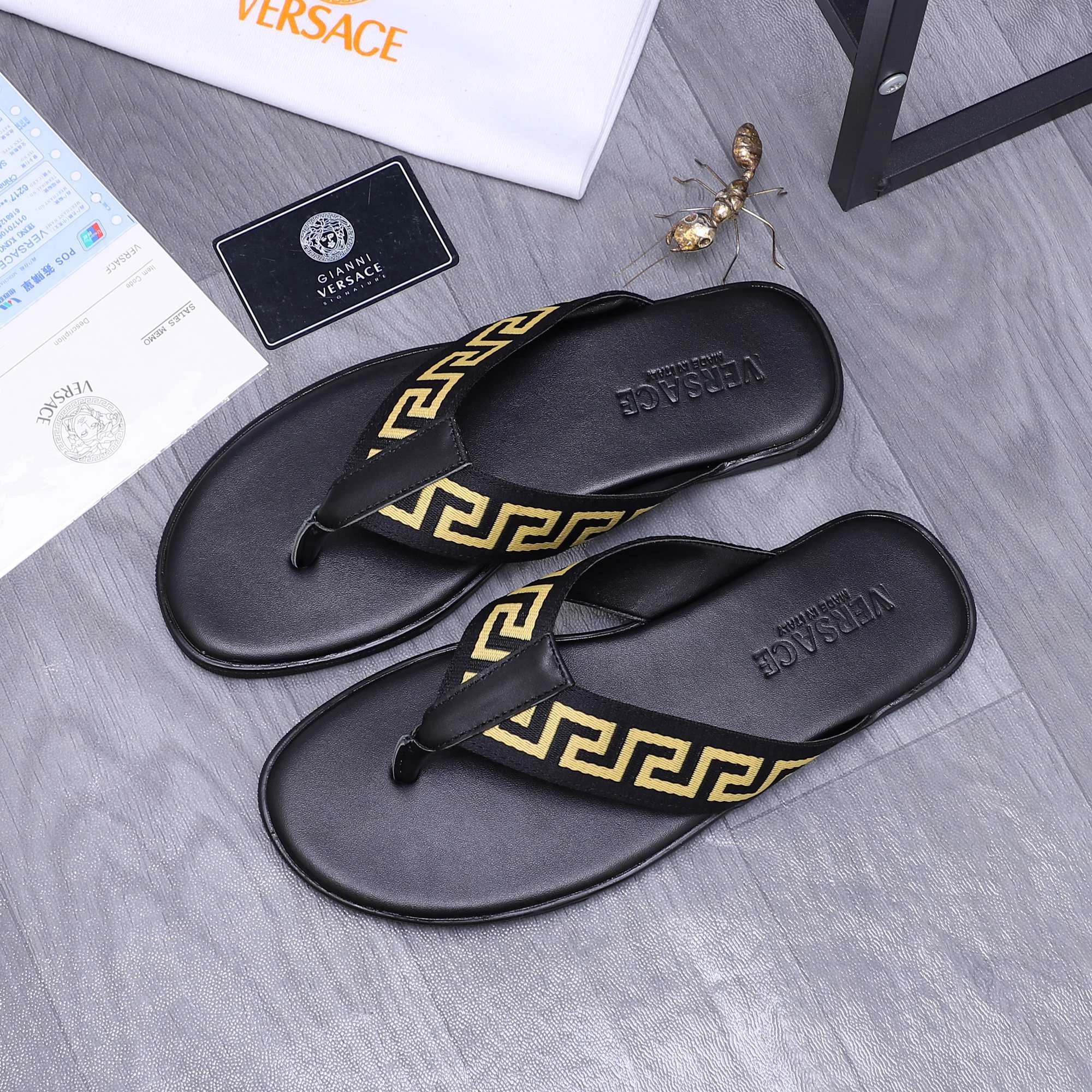 Versace Edgy Black & Gold Greek Key Flip-Flops